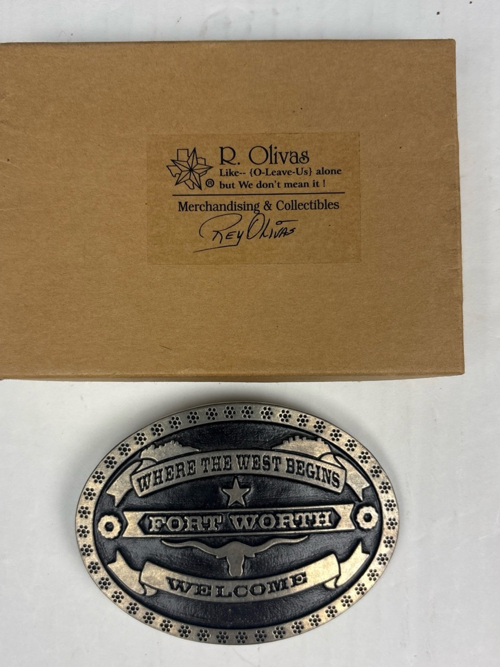 Vintage Rey Olivas Belt Buckle Where The West Begins Welcome Ft Worth Texas USA